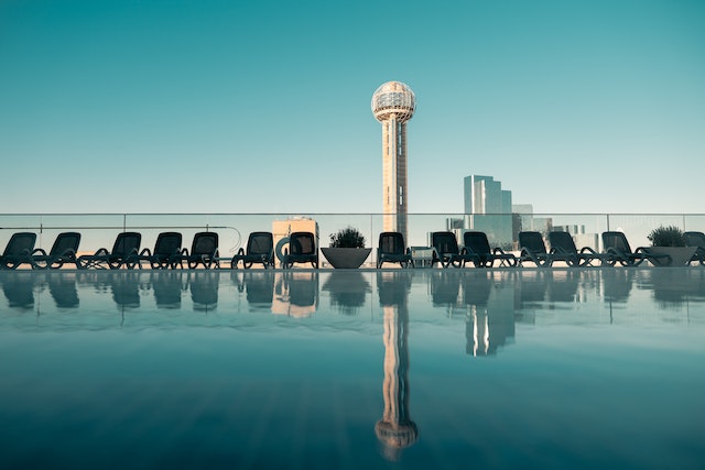 Pool view overlooking the city of Dallas.