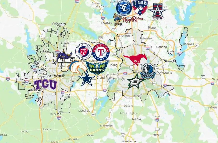 Map of Dallas and Fort Worth showing locations to different sporting teams.