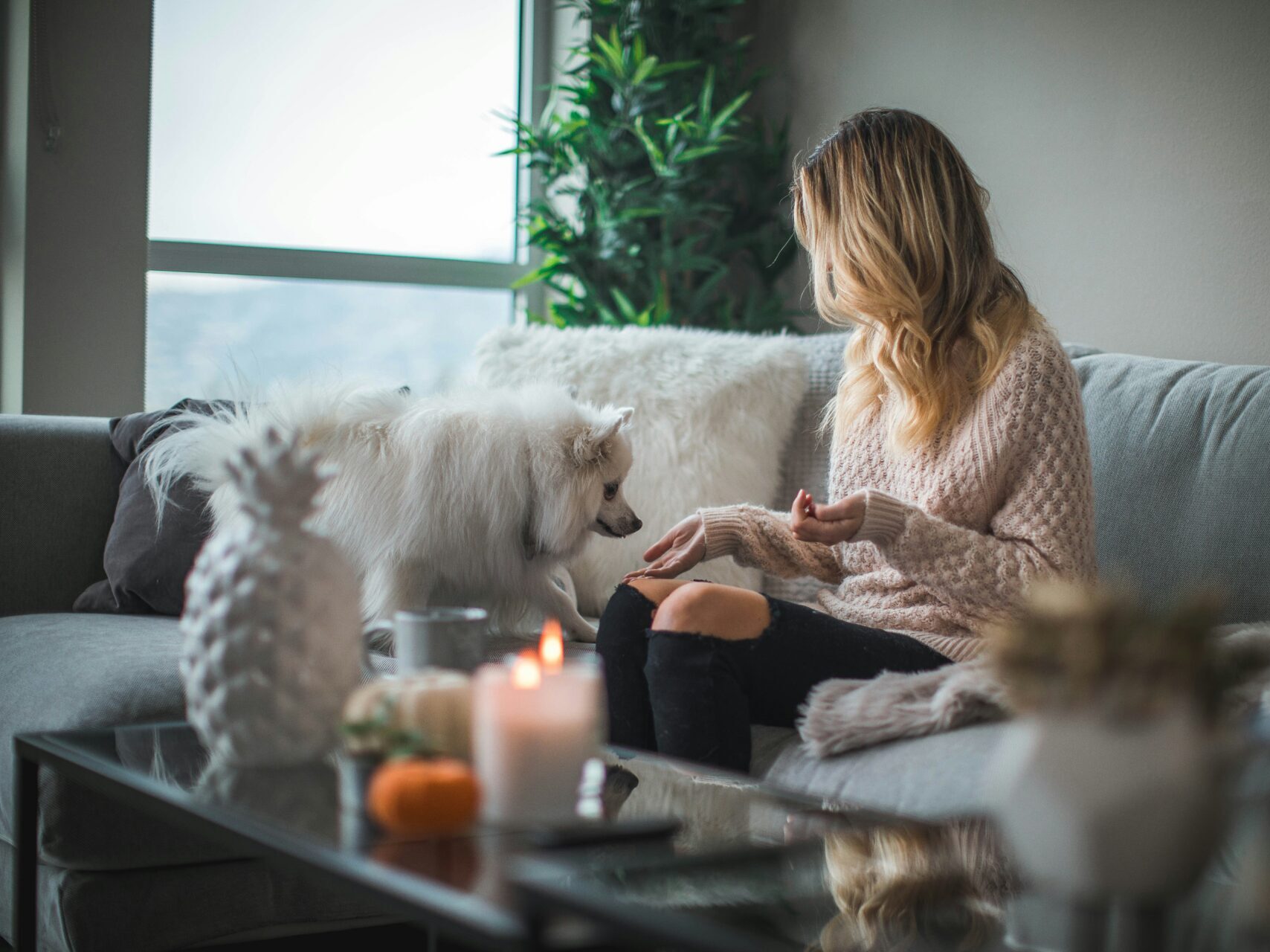 Woman sitting on couch with candles lit, looking at a white fluffy dog