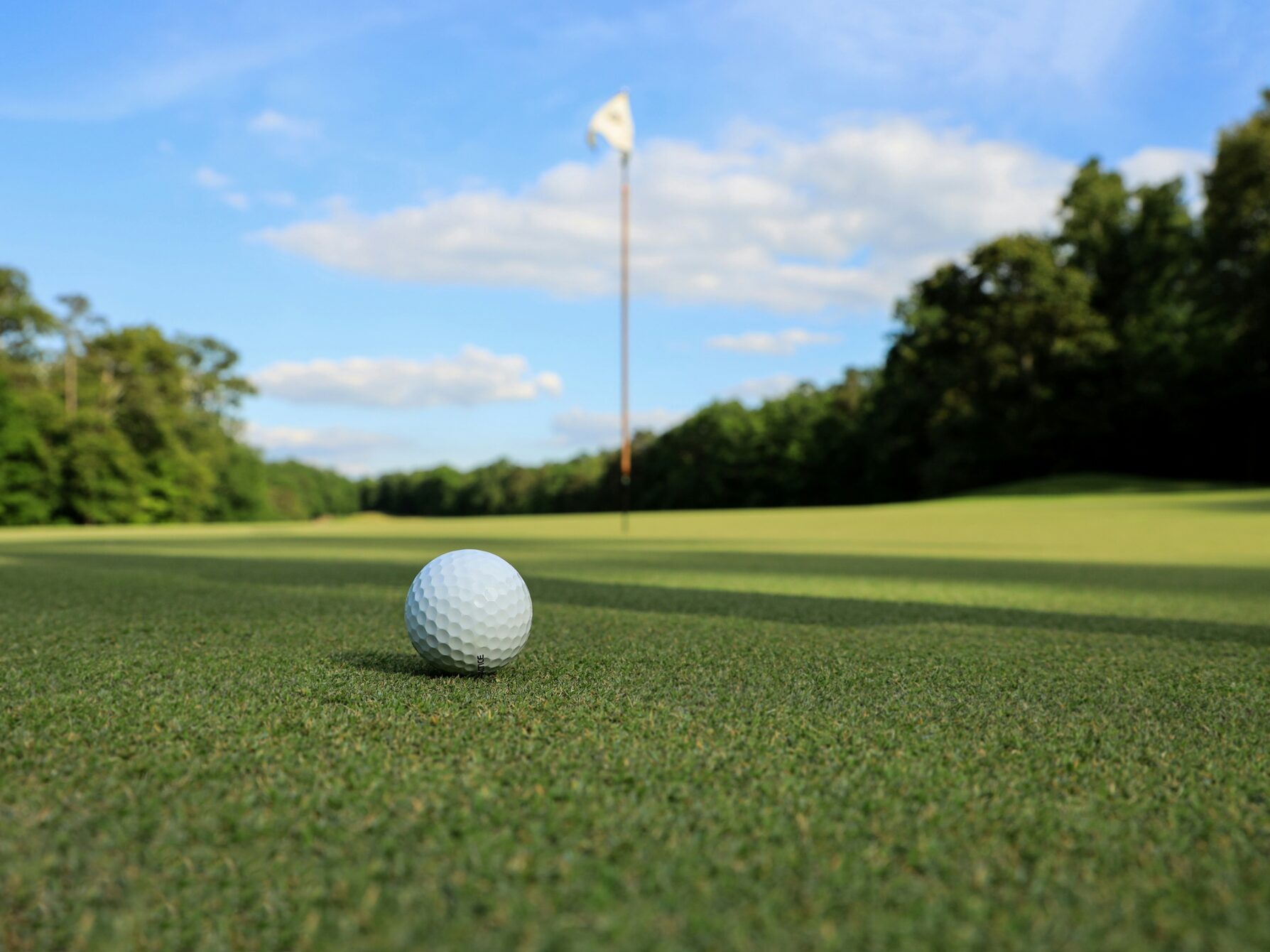golf ball on the green with a flag in the background with trees and bluesky