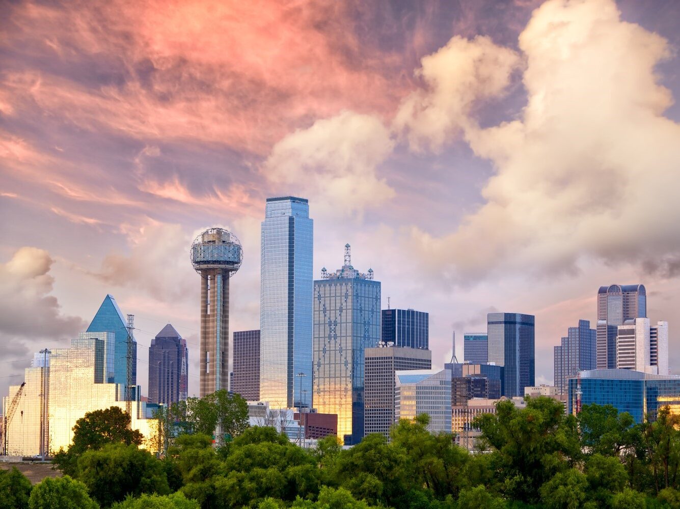 downtown Dallas skyline at dusk