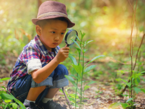 Young boy outside crouching down and looking at a plant through a magnifying glass.