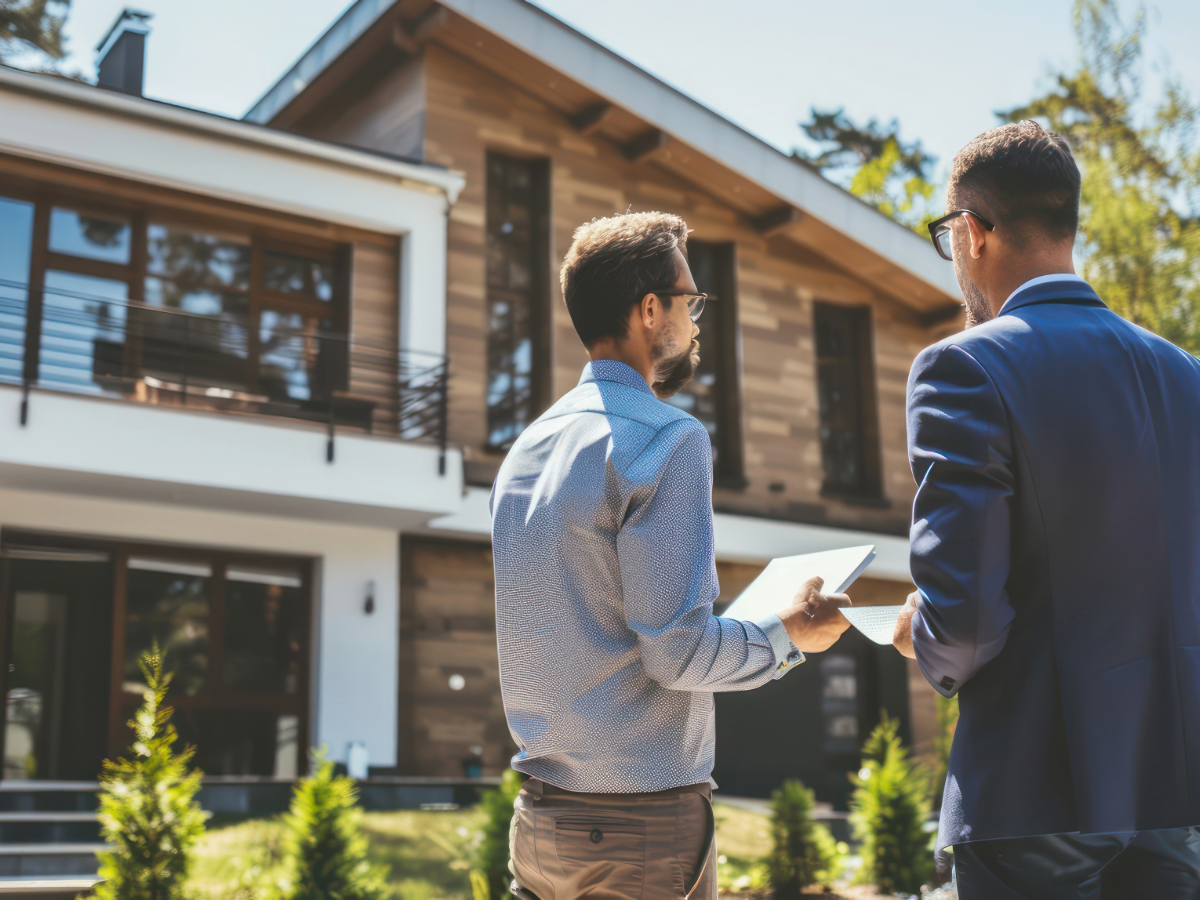 Realtor showing client a home from the outside.