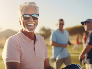 Close up of man smiling out on golf course with other golfers blurred in background.