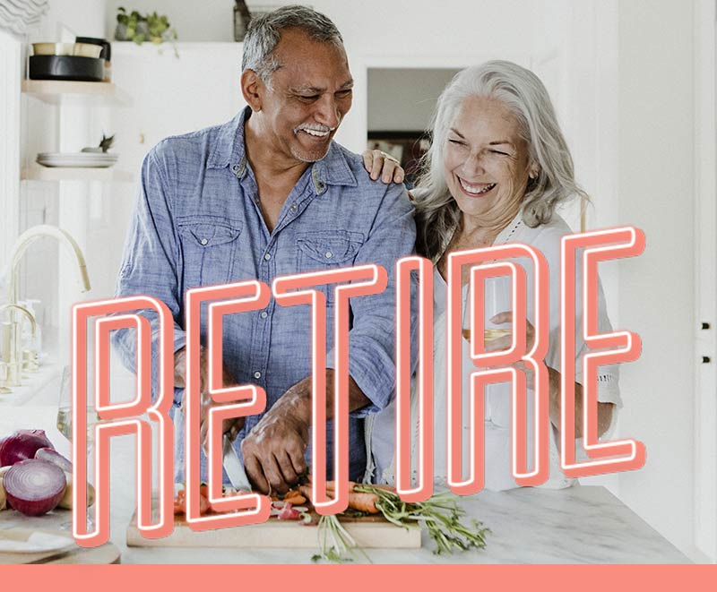 Department Image: RETIRE. Older couple cooking together in kitchen