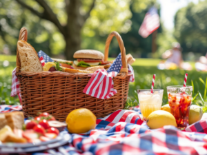 Picnic basket on red, white, and blue blanket outdoors.