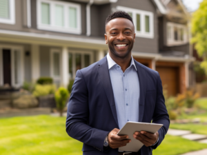 Male realtor standing in front of home holding notebook.
