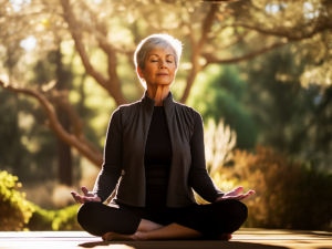 Woman sitting in lotus pose with eyes closed and trees in background.