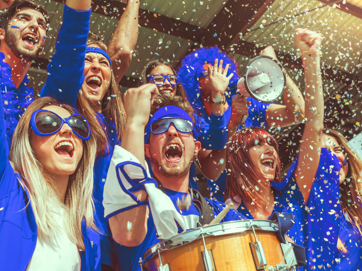 Sports fans cheering at a game.