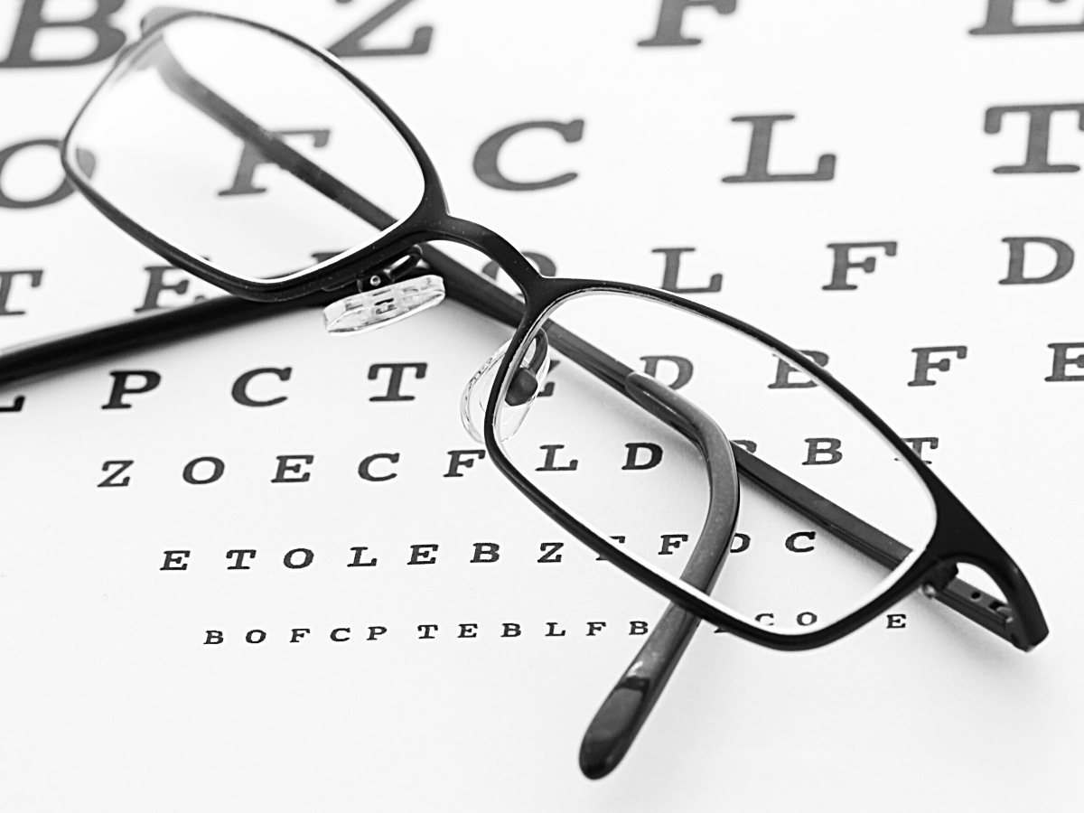 Eye chart with glasses sitting on top of it.