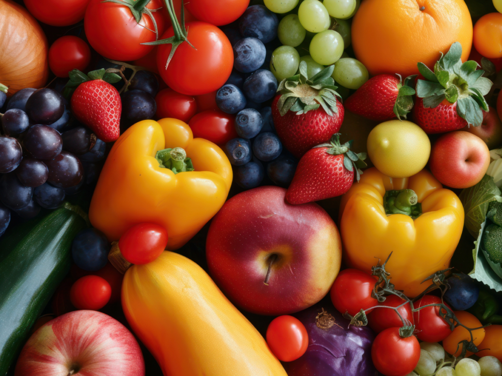 Close up of assorted and colorful nutritious fruits and vegetables.