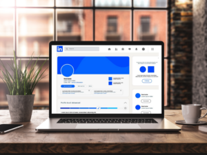 Laptop computer with blank LinkedIn page on screen.