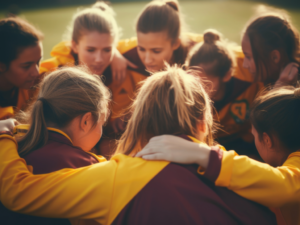 Girls high school sports team in a huddle.