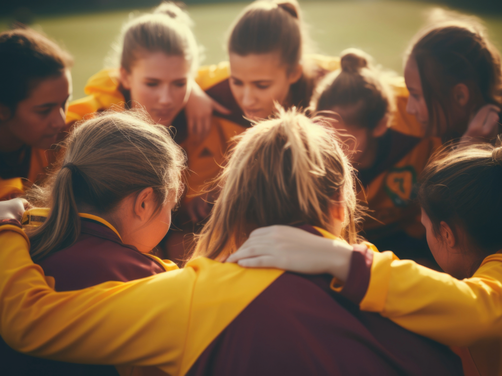 Girls high school sports team in a huddle.