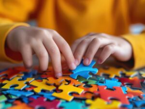 Child's hands with colored puzzle pieces for article Autism Resources in DFW: 20 Powerful Support Services for Newcomers moving to DFW.