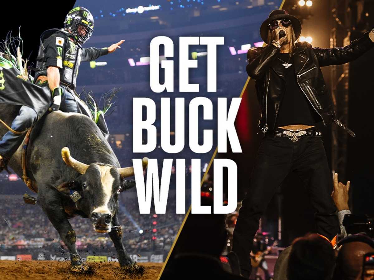 Image showing bull rider on left and kid rock on the right for article The 2025 PBR World Finals Storm into DFW for newcomers moving to DFW.